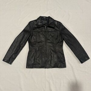 Dockers Women's Black Leather Jacket Size S Cowhide Zip Front Lined Classic
